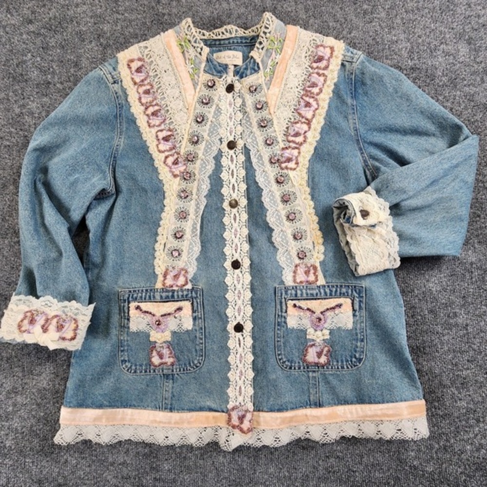 J. Jill Denim Out Of The‎ Blue Lace Beaded Embellished Blue Denim Jacket Large